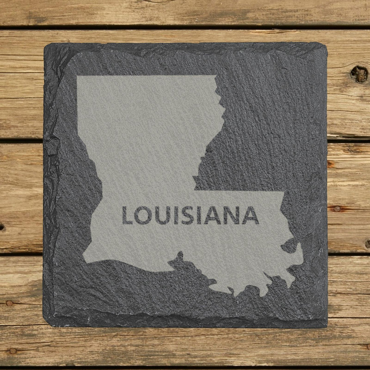 Louisiana square slate coaster engraved with the state shape and LOUISIANA in bold lettering