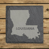 Louisiana square slate coaster engraved with the state shape and LOUISIANA in bold lettering