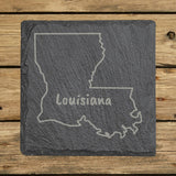 Louisiana square slate coaster engraved with the state outline and LOUISIANA in hand-drawn brush lettering