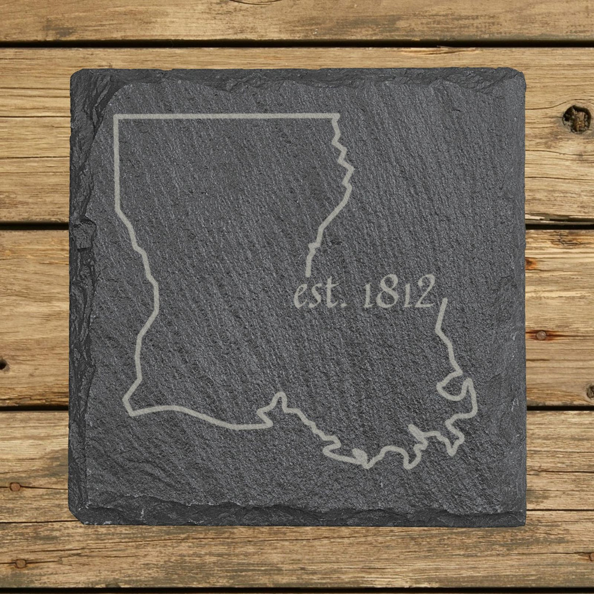 Louisiana square slate coaster engraved with the state outline and est. 1812