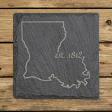 Louisiana square slate coaster engraved with the state outline and est. 1812