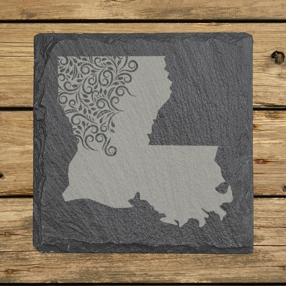 Louisiana square slate coaster engraved with the state shape in ornate floral scrollwork