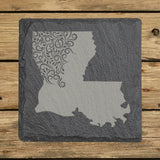 Louisiana square slate coaster engraved with the state shape in ornate floral scrollwork