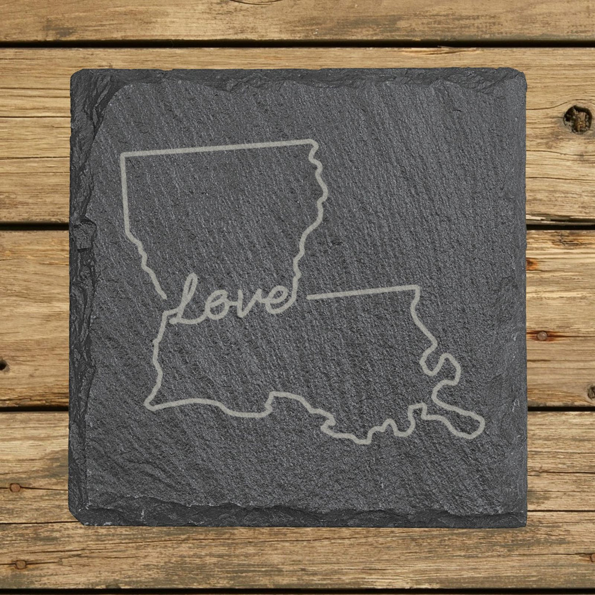 Louisiana square slate coaster engraved with a hand-drawn state outline and love in cursive
