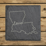 Louisiana square slate coaster engraved with a hand-drawn state outline and love in cursive