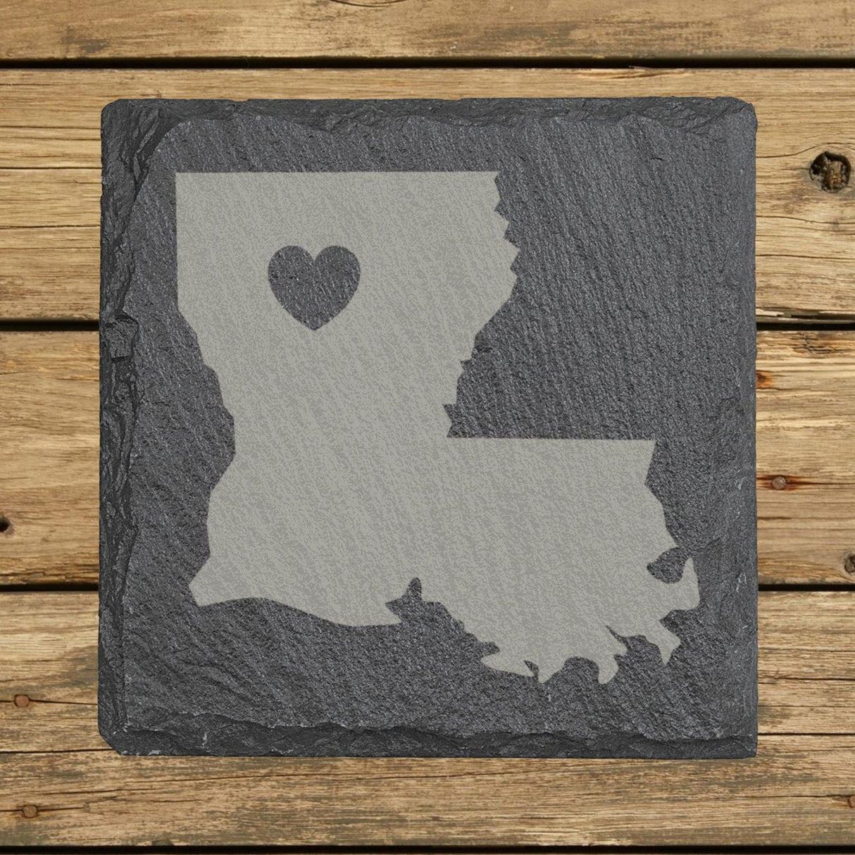 Louisiana square slate coaster engraved with the state shape and a heart