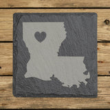 Louisiana square slate coaster engraved with the state shape and a heart