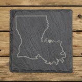 Louisiana square slate coaster engraved with the state outline and home in script with a heart