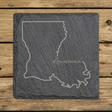 Louisiana square slate coaster engraved with the state outline and Louisiana in script lettering