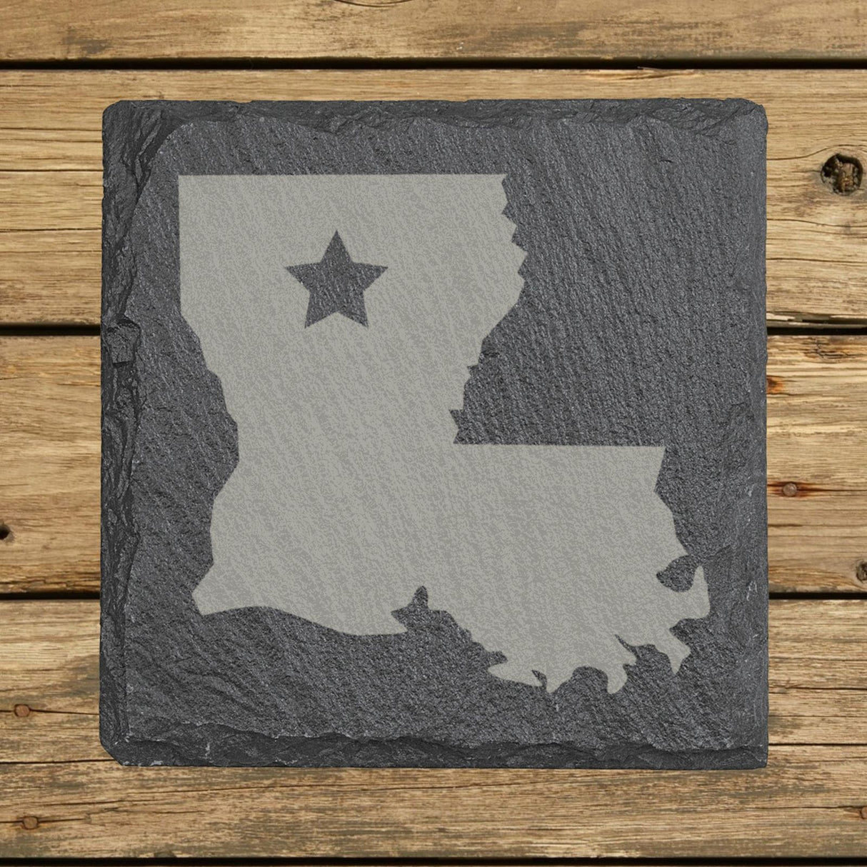 Louisiana square slate coaster engraved with the state shape and a star
