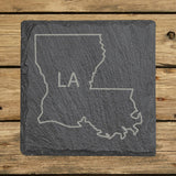 Louisiana square slate coaster engraved with the state outline and LA initials