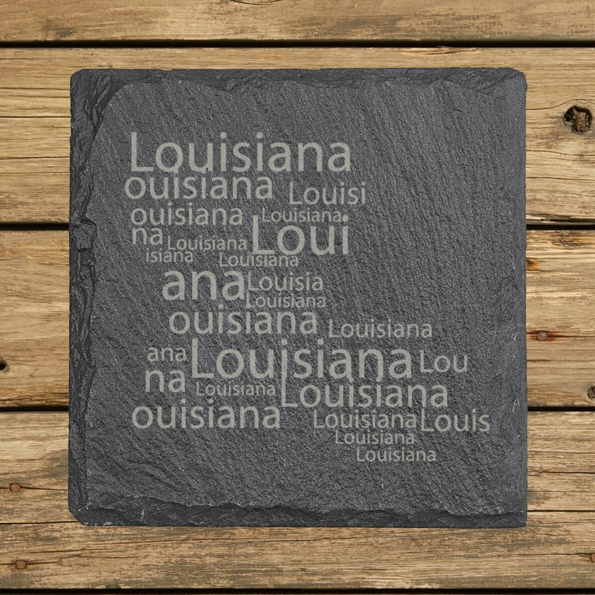 Louisiana square slate coaster engraved with a word cloud of repeating Louisiana text