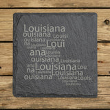 Louisiana square slate coaster engraved with a word cloud of repeating Louisiana text