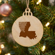 Louisiana round wood Christmas ornament engraved with the state shape in ornate floral scrollwork
