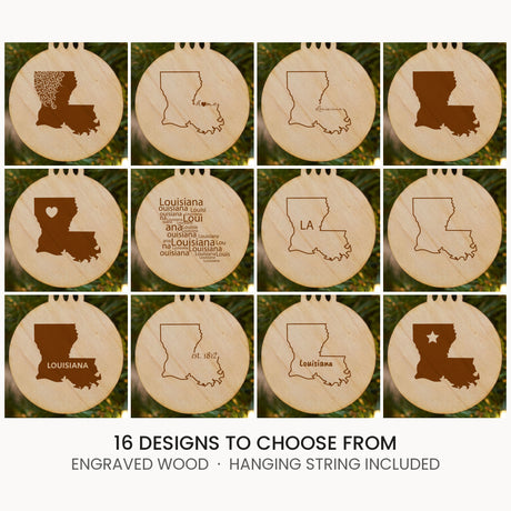 Louisiana wood Christmas ornament, laser engraved natural wood