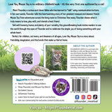 Back cover of the children's book 'Love You, Mouse Toy!' by Flounder, featuring a green and white illustrated design with a synopsis of the story, an author bio, social media handles, and a website URL.