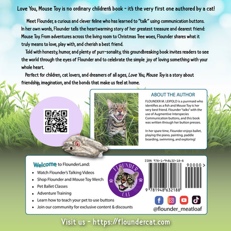 Back cover of the children's book 'Love You, Mouse Toy!' by Flounder, featuring a green and white illustrated design with a synopsis of the story, an author bio, social media handles, and a website URL.