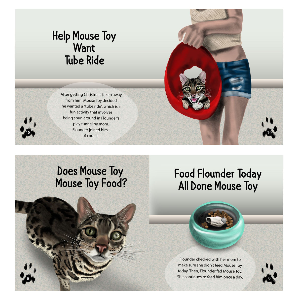 Interior pages from the love you mouse toy book. The top panel shows a person holding a red plastic tube-shaped toy with a cat inside, captioned 'Help Mouse Toy Want Tube Ride.