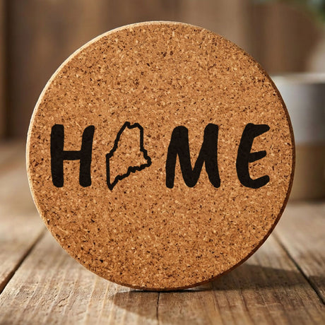 Maine round cork coaster engraved with HOME using the state outline as the letter O