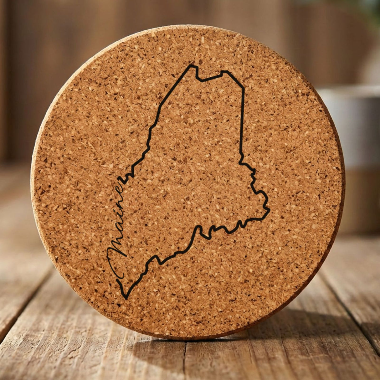 Maine round cork coaster engraved with the state outline and Maine in script lettering