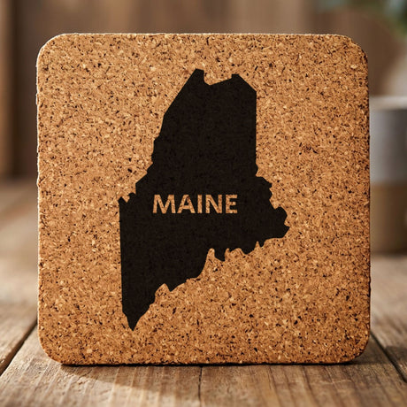 Maine square cork coaster engraved with the state shape and MAINE in bold lettering