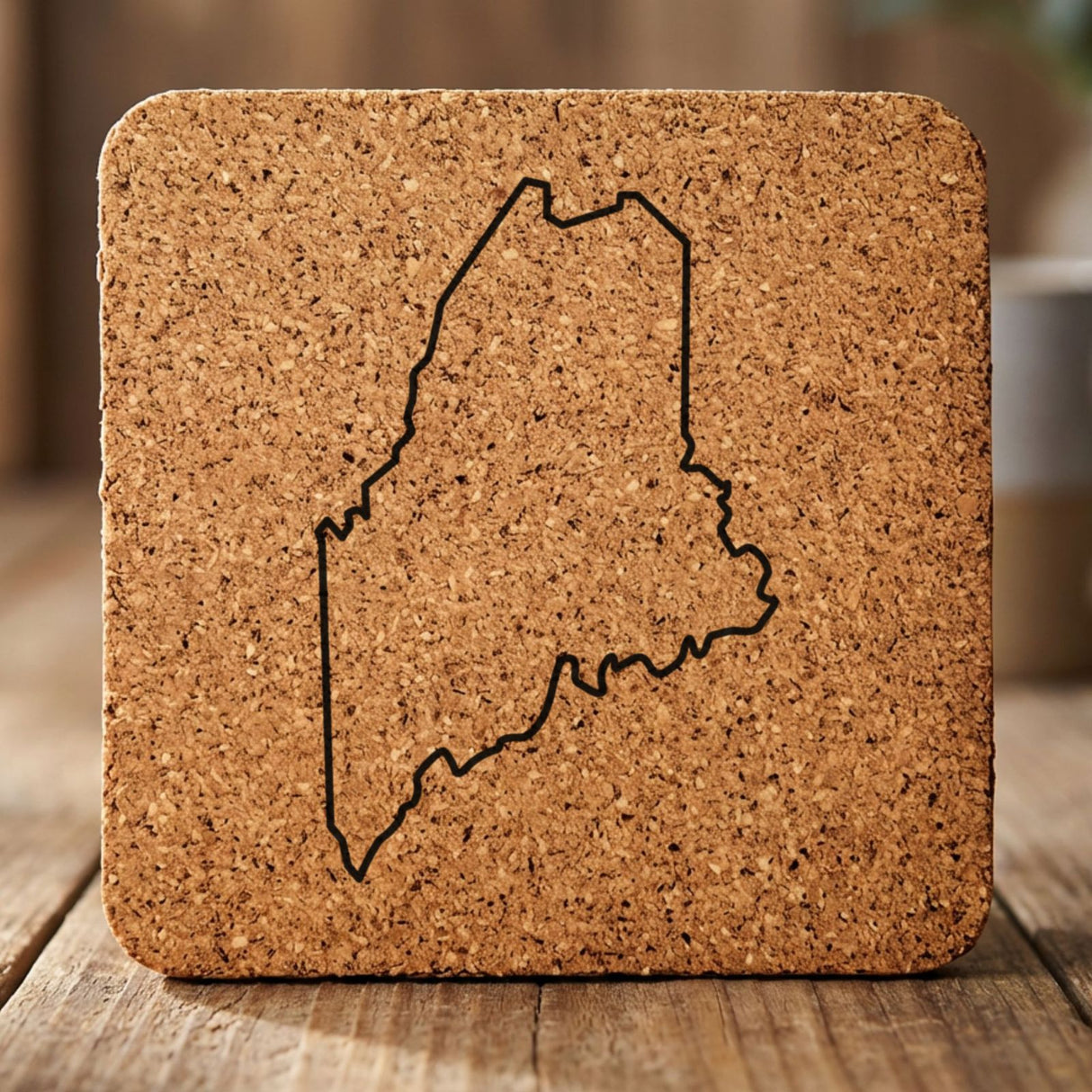 Maine square cork coaster engraved with a clean state outline