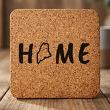 Maine square cork coaster engraved with HOME using the state outline as the letter O