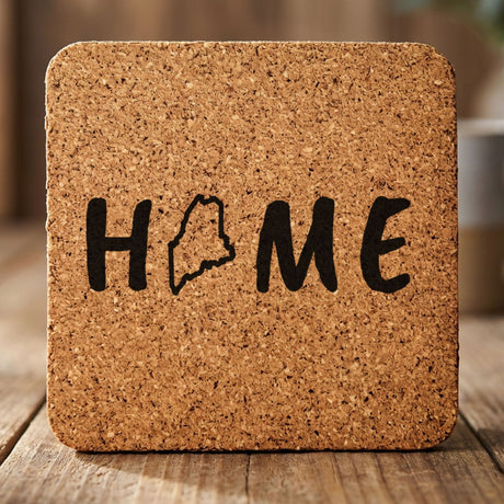 Maine square cork coaster engraved with HOME using the state outline as the letter O