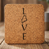 Maine square cork coaster engraved with LOVE stacked vertically using the state as the letter O