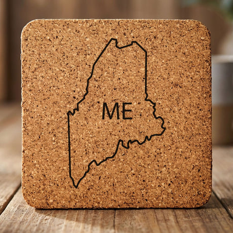 Maine square cork coaster engraved with the state outline and ME initials