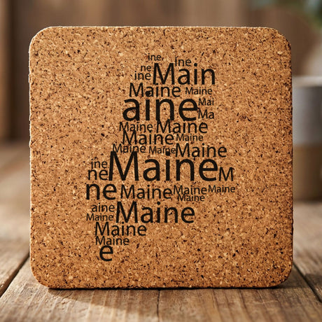 Maine square cork coaster engraved with a word cloud of repeating Maine text