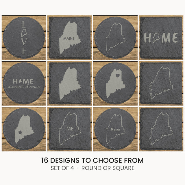 Maine slate coaster set, laser engraved natural stone