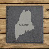 Maine square slate coaster engraved with the state shape and MAINE in bold lettering