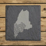 Maine square slate coaster engraved with the state shape in ornate floral scrollwork