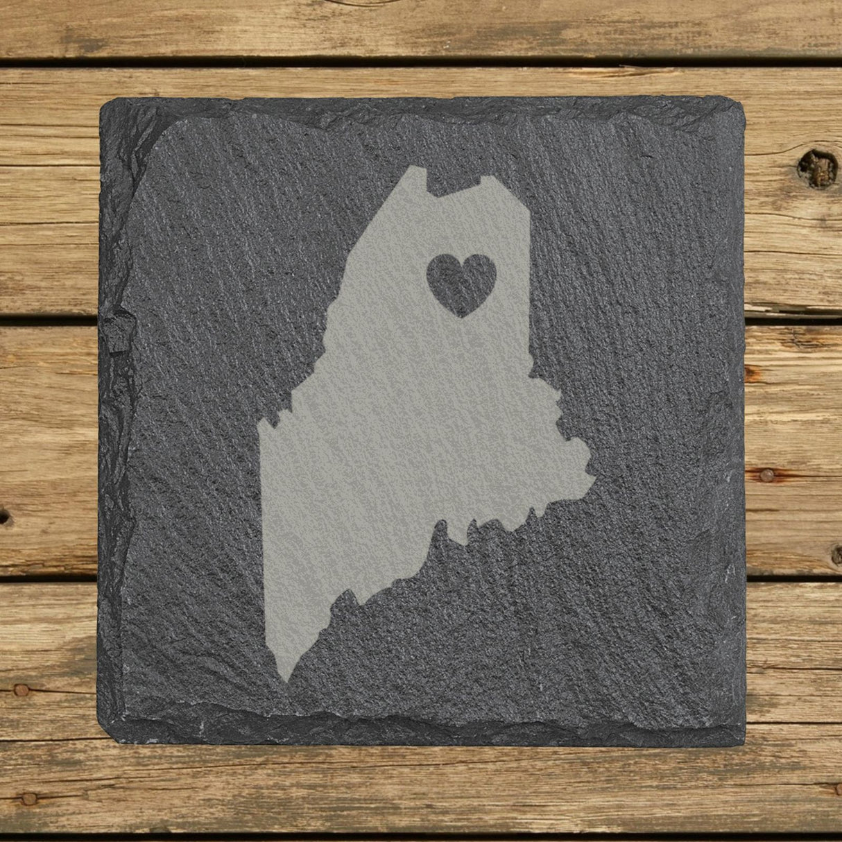 Maine square slate coaster engraved with the state shape and a heart