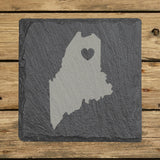 Maine square slate coaster engraved with the state shape and a heart