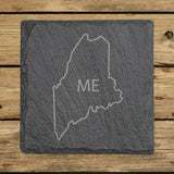 Maine square slate coaster engraved with the state outline and ME initials