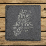 Maine square slate coaster engraved with a word cloud of repeating Maine text