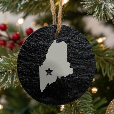 Maine round slate Christmas ornament engraved with the state shape and a star