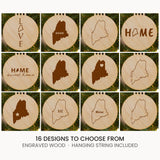 Maine wood Christmas ornament, laser engraved natural wood
