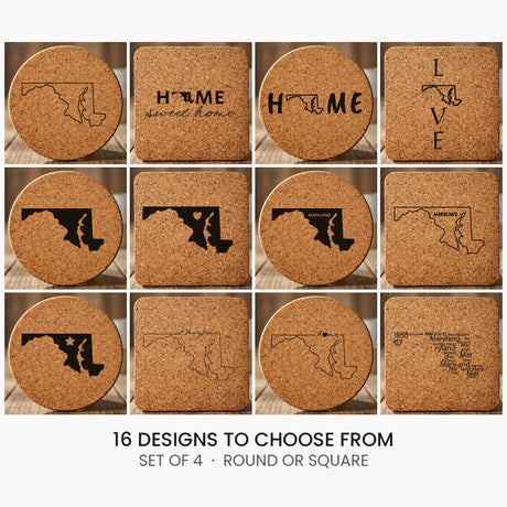 Maryland cork coaster set, laser engraved natural cork