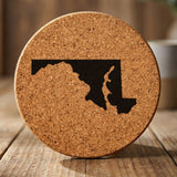Maryland round cork coaster with the full state shape engraved