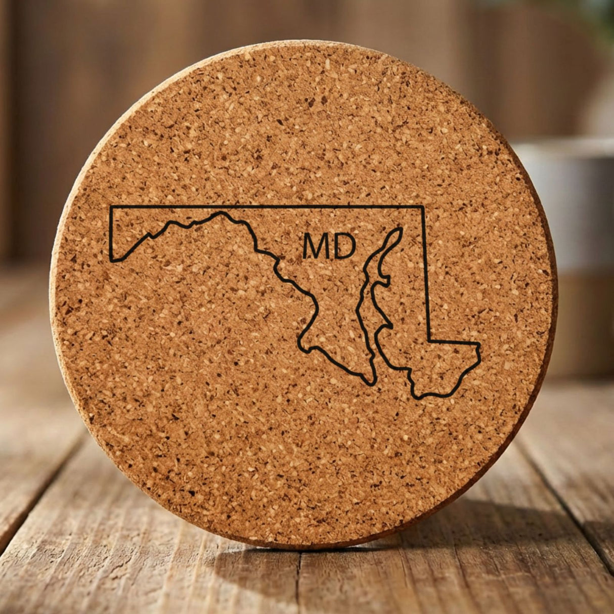 Maryland round cork coaster engraved with the state outline and MD initials