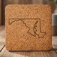 Maryland square cork coaster engraved with a clean state outline