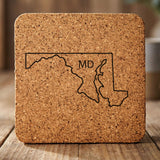 Maryland square cork coaster engraved with the state outline and MD initials