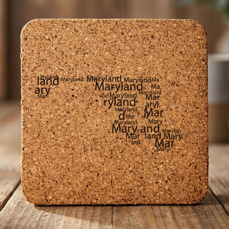 Maryland square cork coaster engraved with a word cloud of repeating Maryland text