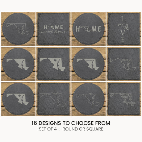 Maryland slate coaster set, laser engraved natural stone