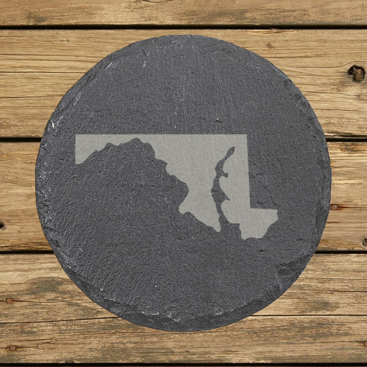 Maryland round slate coaster with the full state shape engraved