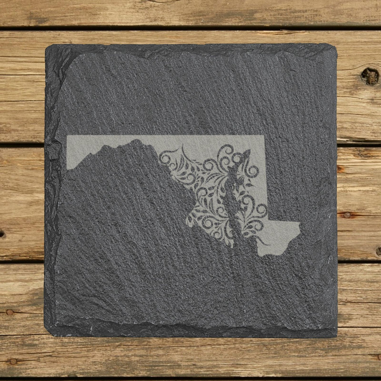 Maryland square slate coaster engraved with the state shape in ornate floral scrollwork