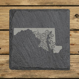 Maryland square slate coaster engraved with the state shape in ornate floral scrollwork